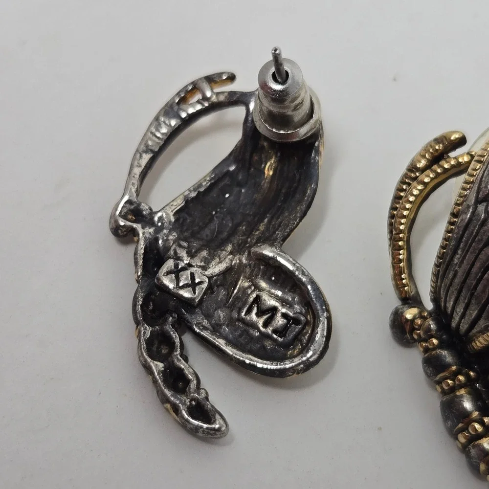 Vintage Two Tone Butterfly Stud Earrings Silver Gold Tone Insect Whimsical MJ XX